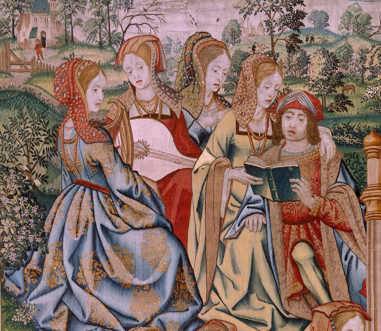 Flamandzki gobelin. Seria Historia Dawida i Batszeby. Batseba w swojej kąpieli (Betsabé en el bano sorprendida por David). Pierwszy panel serii. Model Anonimowy. Nieznana produkcja, Bruksela autorstwa Flemish School