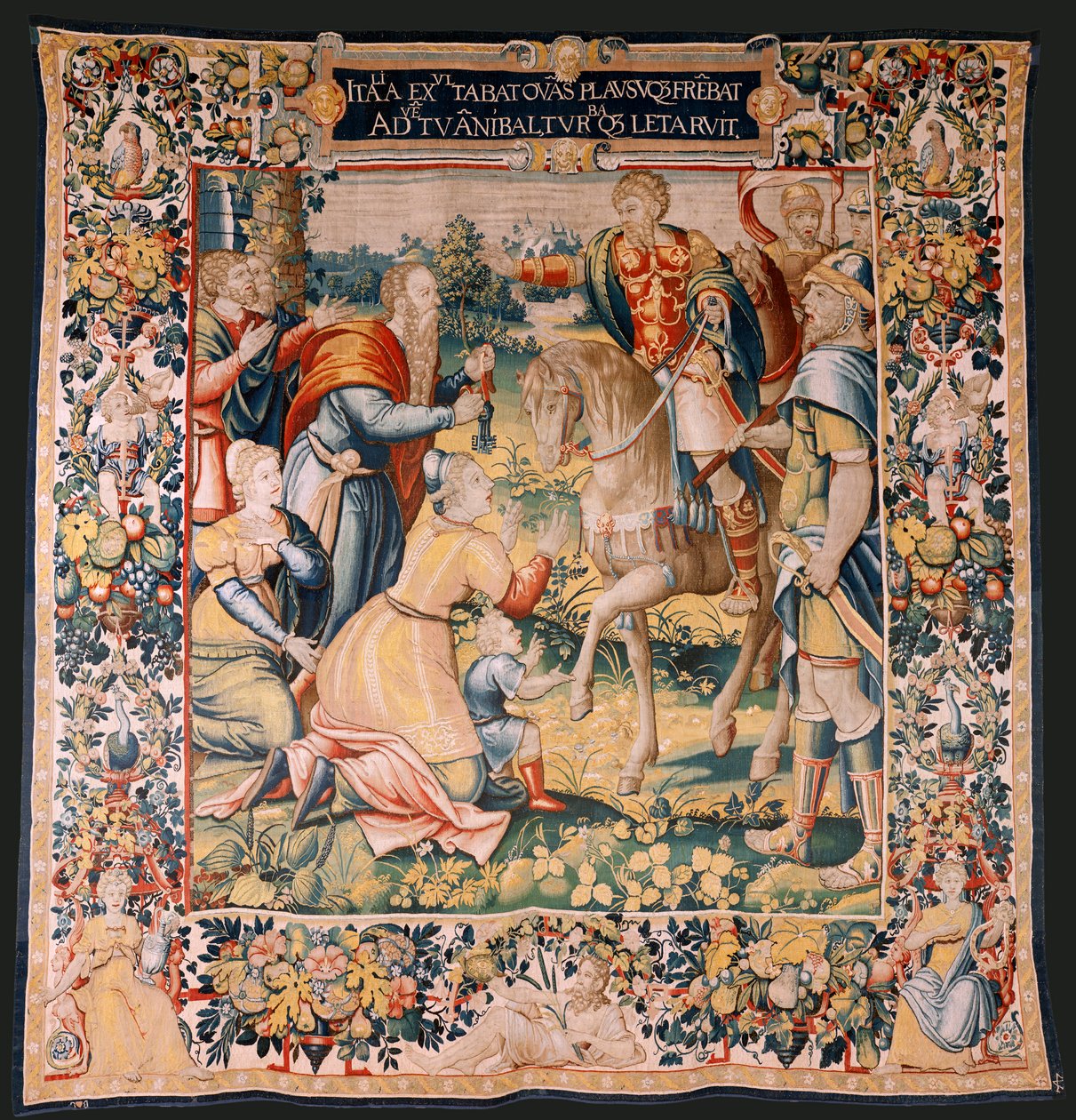 Flamandzki gobelin. Seria Historia Hannibala. Hannibal we Włoszech (Aníbal en Italia). Trzeci gobelin z zachowanych. Modele Anonimowy mistrz Holandii. Produkcja w Brukseli, warsztat. Około 1570. Tkanina Wełna i jedwab. 6,5/7 wypaczeń na cm. Rozmiar autorstwa Flemish School