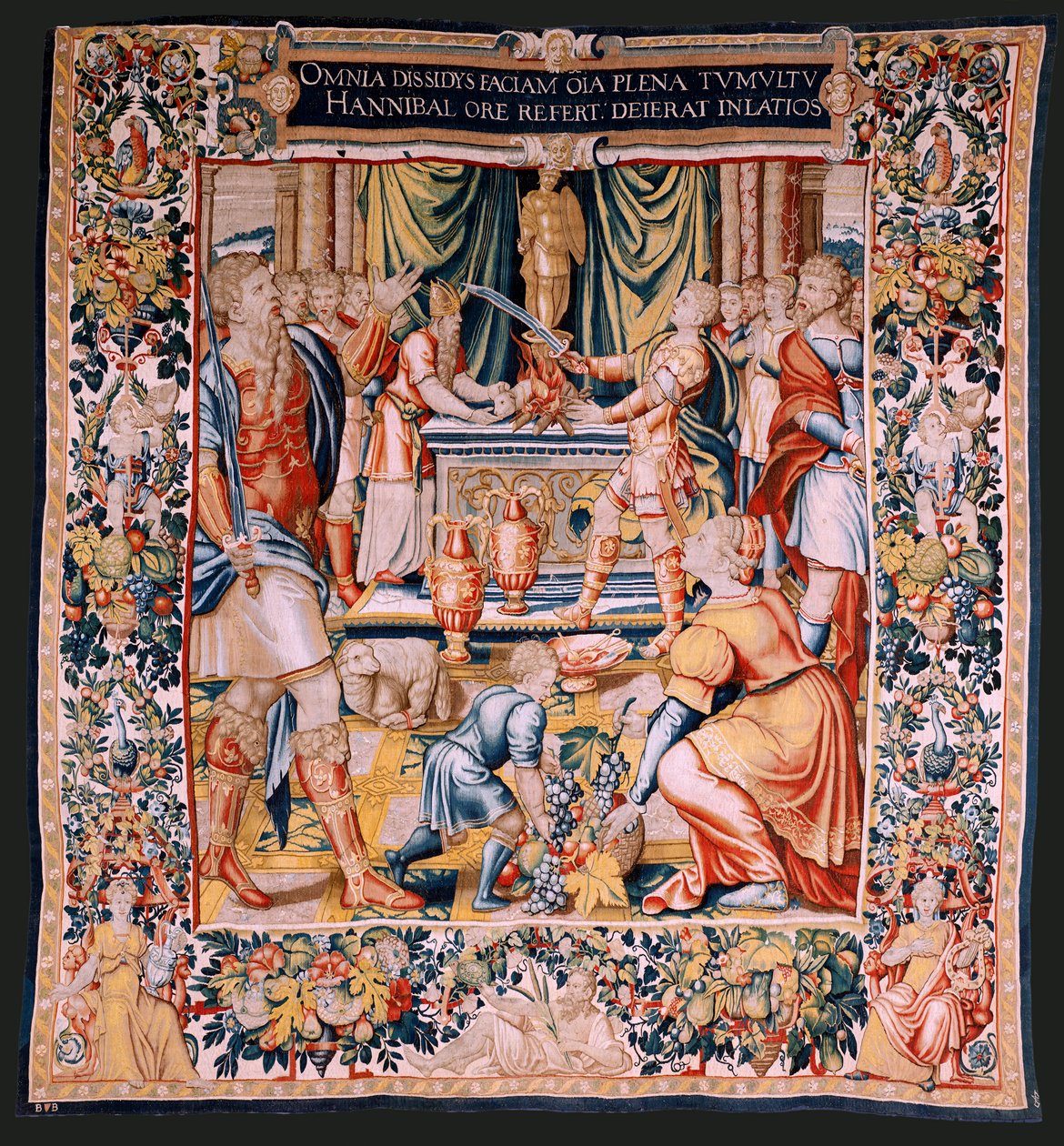 Flamandzki gobelin. Seria Historia Hannibala. Przysięga Hannibala (Juramento de Aníbal). Pierwszy gobelin z serii. Bajki anonimowego mistrza Holandii. Produkcja w Brukseli, warsztat. Około 1570. Tkanina Wełna i jedwab, 6,5/7 osnowy na cm. Rozmiar 34 autorstwa Flemish School