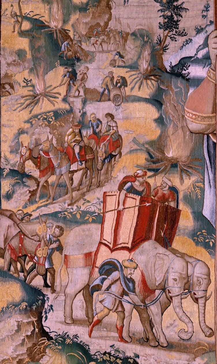 Flamandzki gobelin. Seria Historia Hannibala. Przeprawa przez Alpy (Paso de los Alpes). Drugi gobelin z zachowanych. Modele Anonimowy mistrz Holandii. Produkcja w Brukseli, warsztat. Około 1570. Tkanina Wełna i jedwab, 6,5/7 osnowy per autorstwa Flemish School