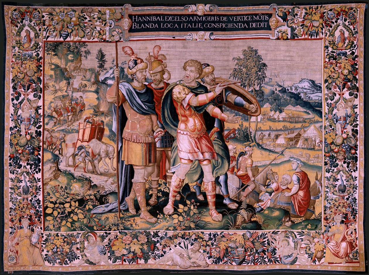 Flamandzki gobelin. Seria Historia Hannibala. Przeprawa przez Alpy (Paso de los Alpes). Drugi gobelin z zachowanych. Modele Anonimowy mistrz Holandii. Produkcja w Brukseli, warsztat. Około 1570. Tkanina Wełna i jedwab, 6,5/7 osnów per autorstwa Flemish School