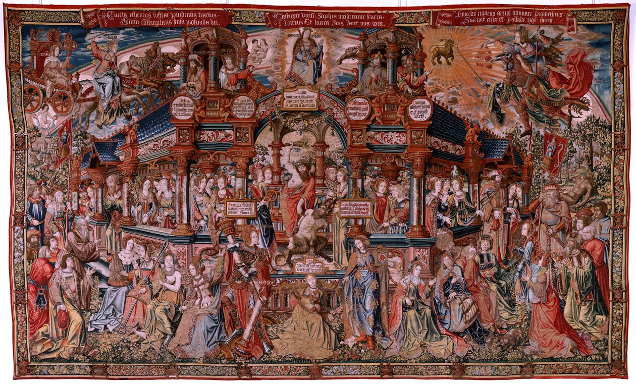 Flamandzki gobelin. Seria Honory. Cnota (La Virtu, El Vicio). Ósmy gobelin z serii. Wzorcowi rysownicy z kręgu Bernarda van Orleya i Jana Gossaerta (Mabuse). Manufaktura Pieter van Aelst, Bruksela. ok. 1550. Tkanina Złoto, srebro, jedwab a autorstwa Flemish School