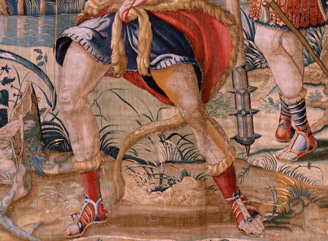 Flamandzki gobelin. Seria Prac Herkulesa. Herkules i ptaki stymfalijskie (Hércules y las aves del lago Estínfalo). Pierwszy gobelin z zachowanej serii. Model nieznany. Manufaktura Willem Dermoyen, Bruksela. Około 1528. Tkanina Jedwab i wełna. ; Rozmiar autorstwa Flemish School