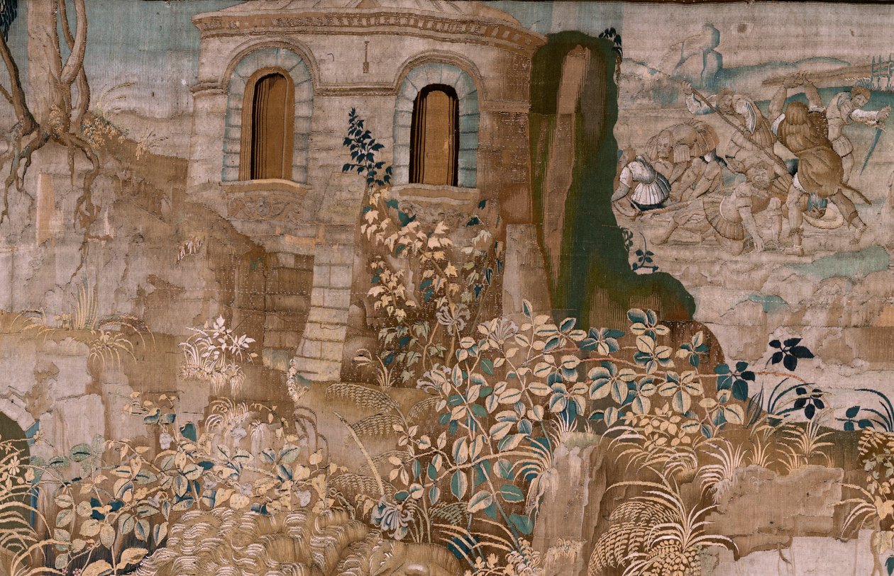 Flamandzki gobelin. Seria Prac Herkulesa. Hercules chwyta Cerberusa (Hércules captura a Cancerbero). Szósty gobelin z zachowanej serii. Model nieznany. Manufaktura Willem Dermoyen, Bruksela. Ca1528. Tkanina Jedwab i wełna. Rozmiar 345 x 390 cm. Lokalizacja autorstwa Flemish School