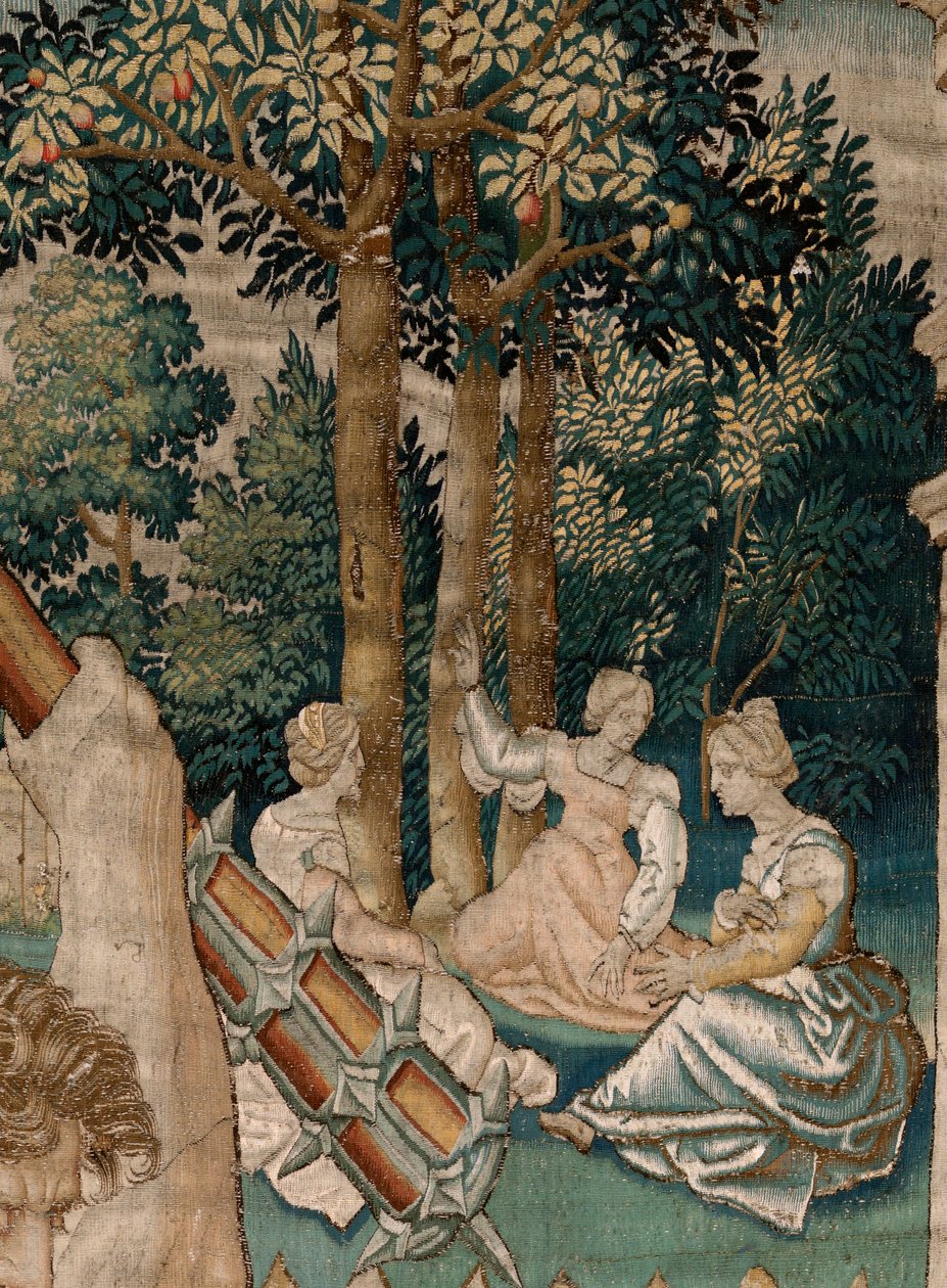 Flamandzki gobelin. Seria Prac Herkulesa. Herkules w Ogrodzie Hesperydów (Hércules en el jardín de las Hesperides). Piąty gobelin z istniejącej serii. Model nieznany. Manufaktura Willem Dermoyen, Bruksela. Około 1528. Tkanina Jedwab i wełna. autorstwa Flemish School
