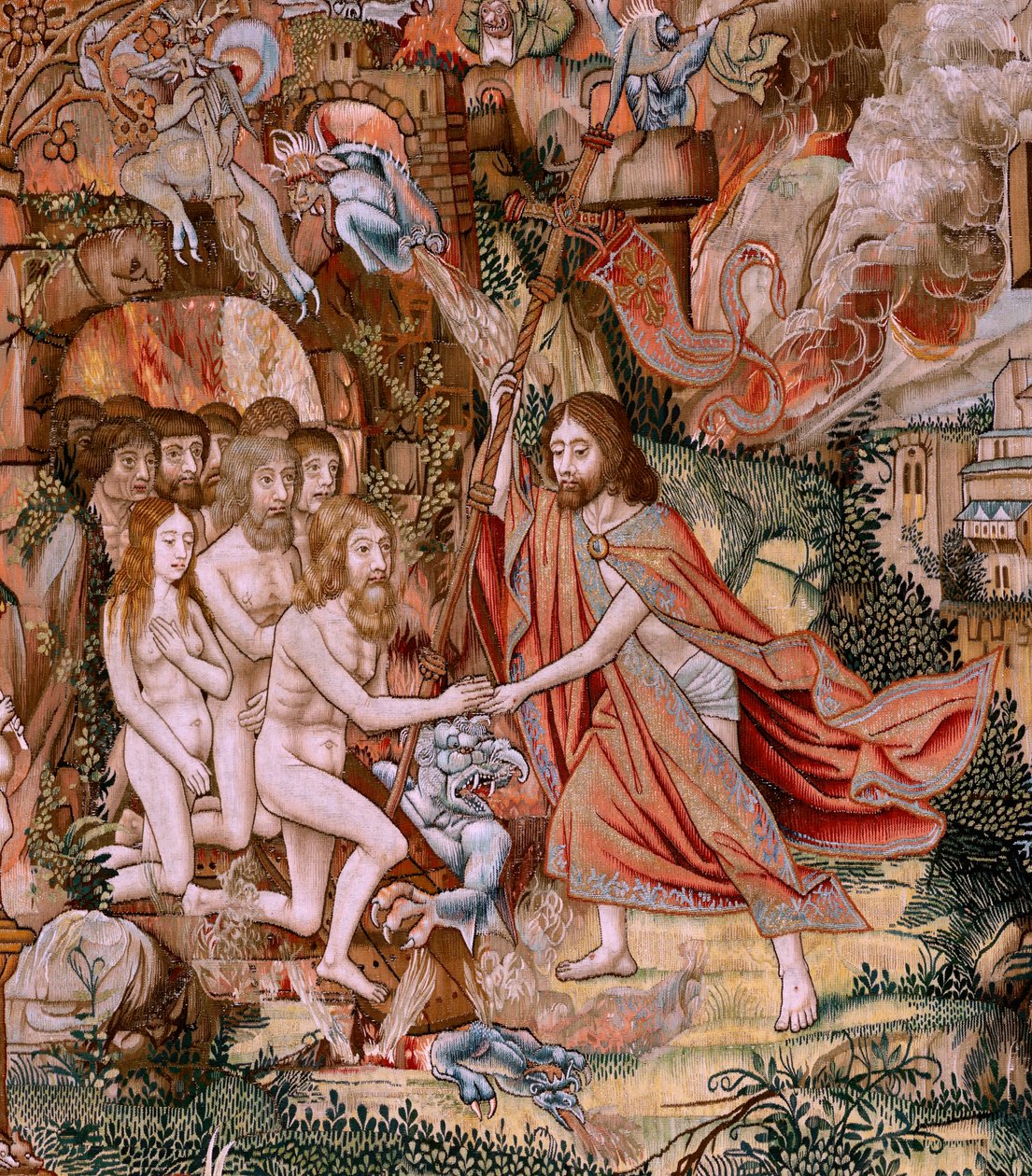Flamandzki gobelin. Seria Męka Chrystusa. Zejście z krzyża (Descendimiento). Druga seria gobelinów Męki Pańskiej należąca do Patrimonio Nacional. Wzorcowi rysownicy z kręgu Jana van Roome. Produkcja Pieter va autorstwa Flemish School