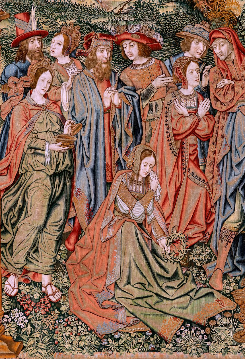 Flamandzki gobelin. Seria Męka Chrystusa. Zejście z krzyża (Descendimiento). Druga seria gobelinów Męki Pańskiej należąca do Patrimonio Nacional. Wzorcowi rysownicy z kręgu Jana van Roome. Produkcja Pieter va autorstwa Flemish School