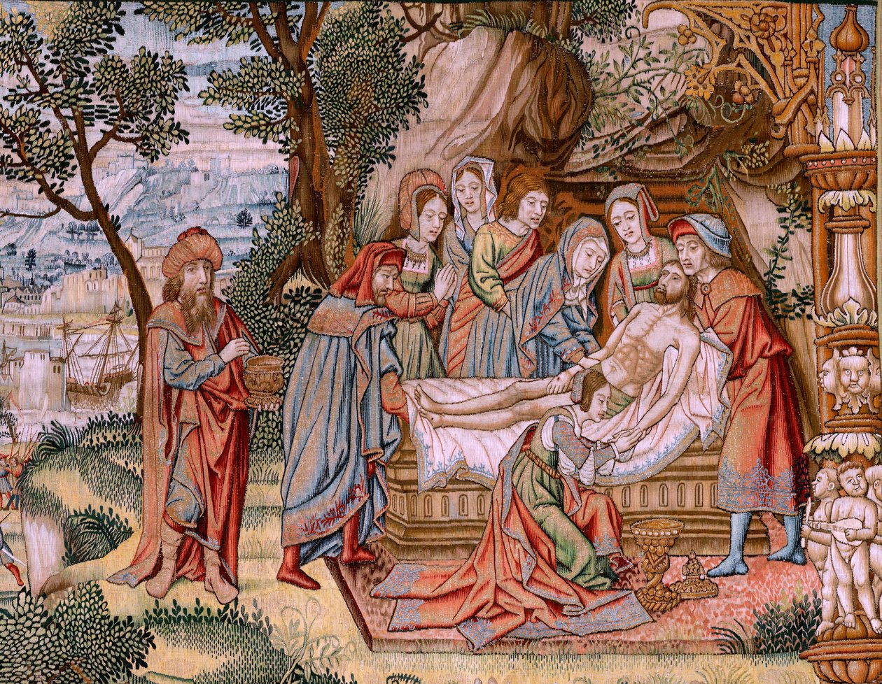 Flamandzki gobelin. Seria Męka Chrystusa. Zejście z krzyża (Descendimiento). Druga seria gobelinów Męki Pańskiej należąca do Patrimonio Nacional. Wzorcowi rysownicy z kręgu Jana van Roome. Produkcja Pieter va autorstwa Flemish School