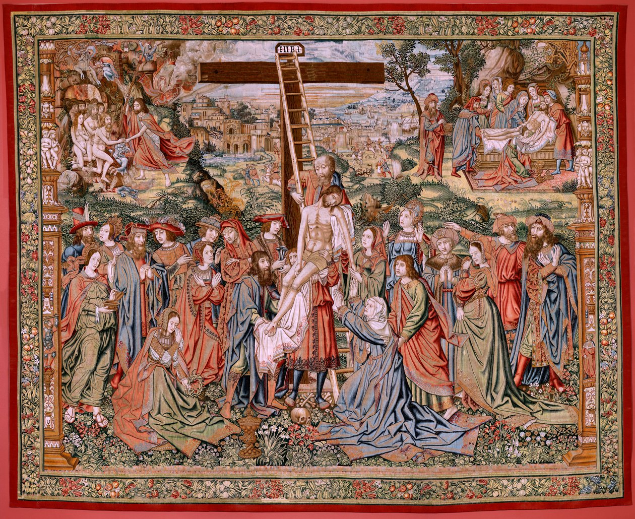 Flamandzki gobelin. Seria Męka Chrystusa. Zejście z krzyża (Descendimiento). Druga seria gobelinów Męki Pańskiej należąca do Patrimonio Nacional. Wzorcowi rysownicy z kręgu Jana van Roome. Produkcja Pieter va autorstwa Flemish School