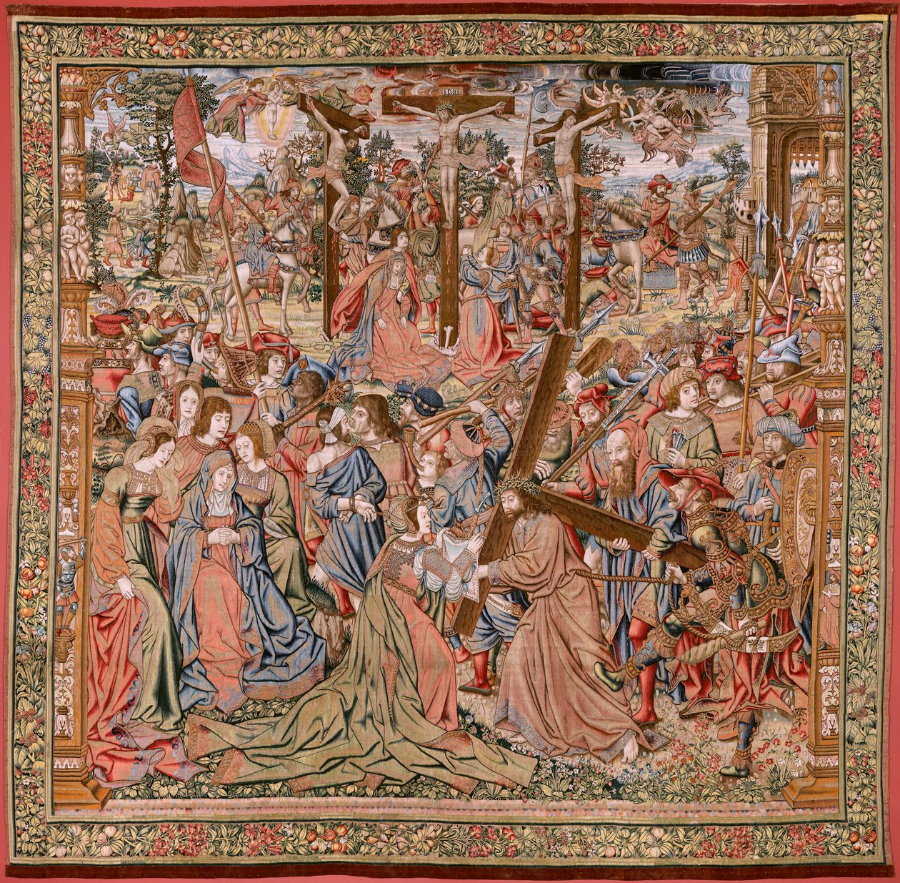 Flamandzki gobelin. Seria Męka Chrystusa; Droga na Kalwarię i spotkanie z Weroniką (Camino del Calvario y encuentro con la Verónica). Pierwszy gobelin z tych przechowywanych przez Dziedzictwo Narodowe. Wzorcowi rysownicy z kręgu Jana van Roome i Bern autorstwa Flemish School