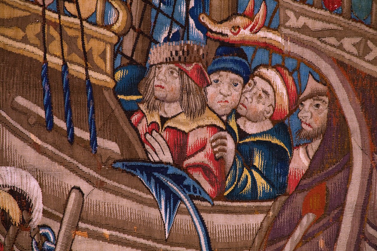 Flamandzki gobelin. Seria Portugalczycy w Indiach: Przybycie do Kalikatu (Od Aankomst w Kalikacie, Llegado de Vasco de Gama do Lizbony). Ca 1510. Kolekcja Caixa Geral de Depósitos, Lizbona. Szczegół. autorstwa Flemish School
