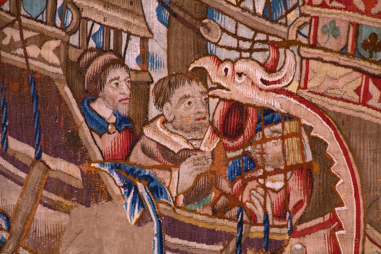 Flamandzki gobelin. Seria Portugalczycy w Indiach: Przybycie do Kalikatu (Od Aankomst w Kalikacie, Llegado de Vasco de Gama do Lizbony). Ca 1510. Kolekcja Caixa Geral de Depósitos, Lizbona. Szczegół. autorstwa Flemish School