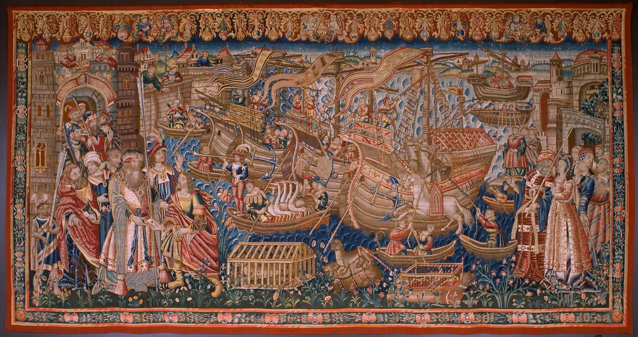 Flamandzki gobelin. Seria Portugalczycy w Indiach: Przybycie do Kalikatu (Od Aankomst w Kalikacie, Llegado de Vasco de Gama do Lizbony). Ca 1510. Kolekcja Caixa Geral de Depósitos, Lizbona. autorstwa Flemish School