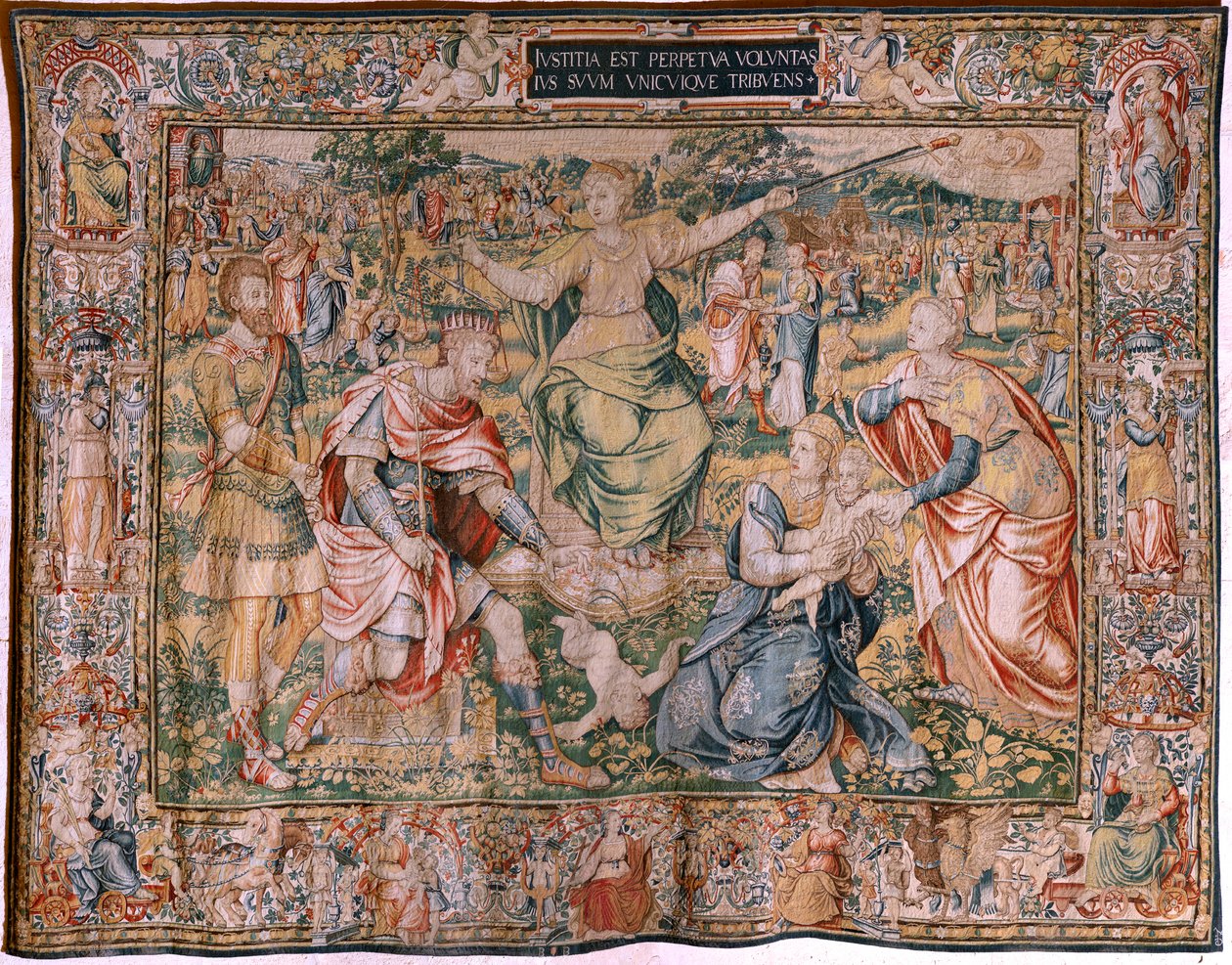 Flamandzki gobelin. Seria Siedem cnót. Sprawiedliwość (La Justicia). Model oparty na Michielu Coxcie. Produkcja Bruksela. Produkcja: Frans Geubels. Około 1560-1570. Tkanina Jedwab i wełna. Rozmiar 330 x 450 cm. Lokalizacja Katedra w Burgos. Pochodzenie Zap autorstwa Flemish School