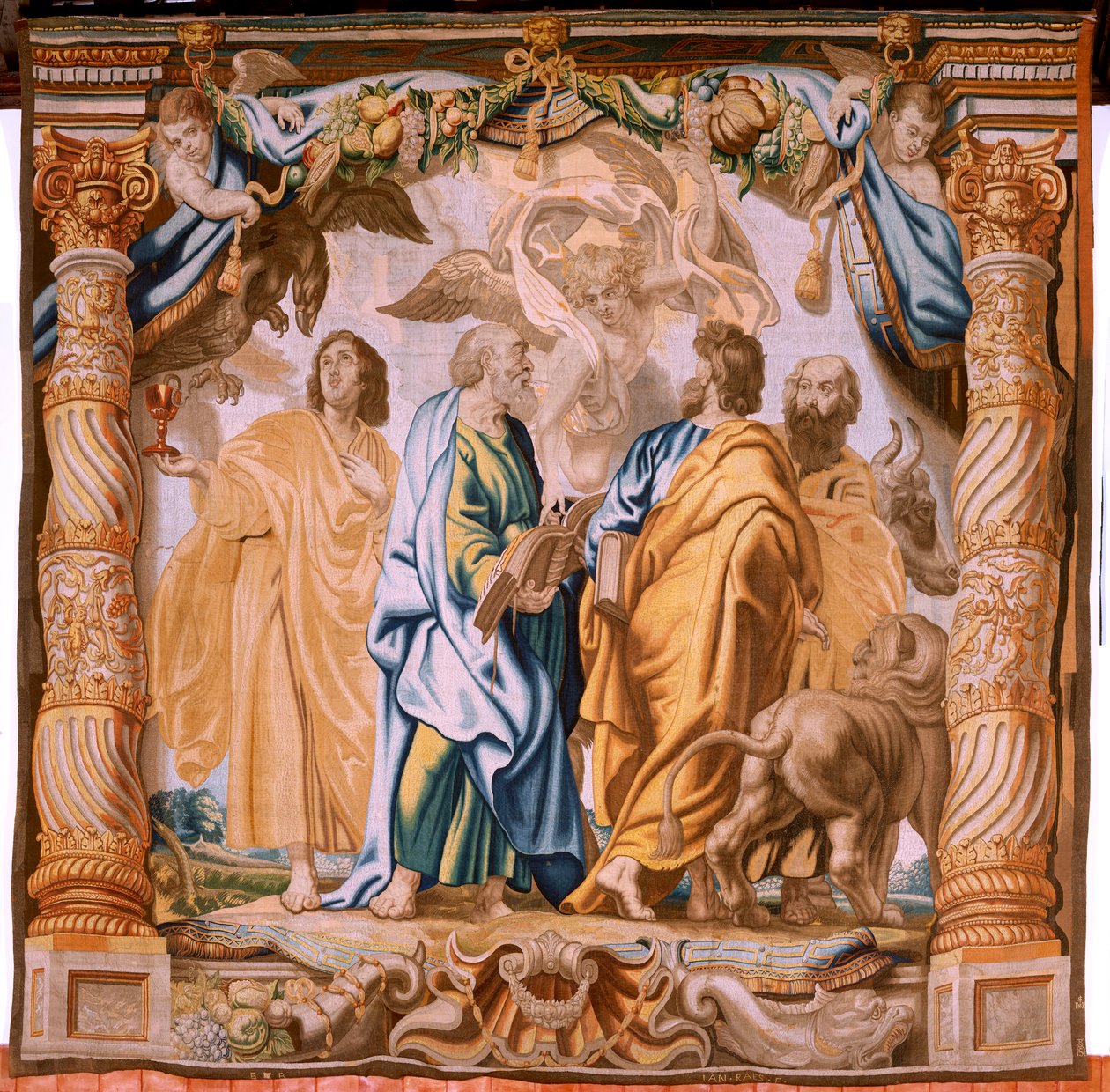 Flamandzki gobelin. Seria Triumf Eucharystii. Czterech ewangelistów (Los cuatro evangelistas). Jedenasty gobelin w serii. Model Peter Paul Rubens. 1626-1628. Manufaktura Jan II Raes, Hans Vervoert, Jacques Fobert, Bruksela autorstwa Flemish School