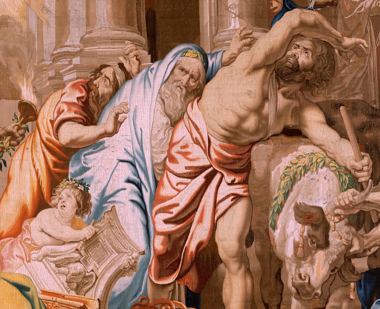 Flamandzki gobelin. Seria Triumf Eucharystii. Zwycięstwo Eucharystii nad ofiarami pogańskimi (Victoria de la Eucaristía sobre los sacificios paganos). Czwarty gobelin w serii. Model Peter Paul Rubens. 1626-1628. Manufaktura Jan II Raes, Jac autorstwa Flemish School