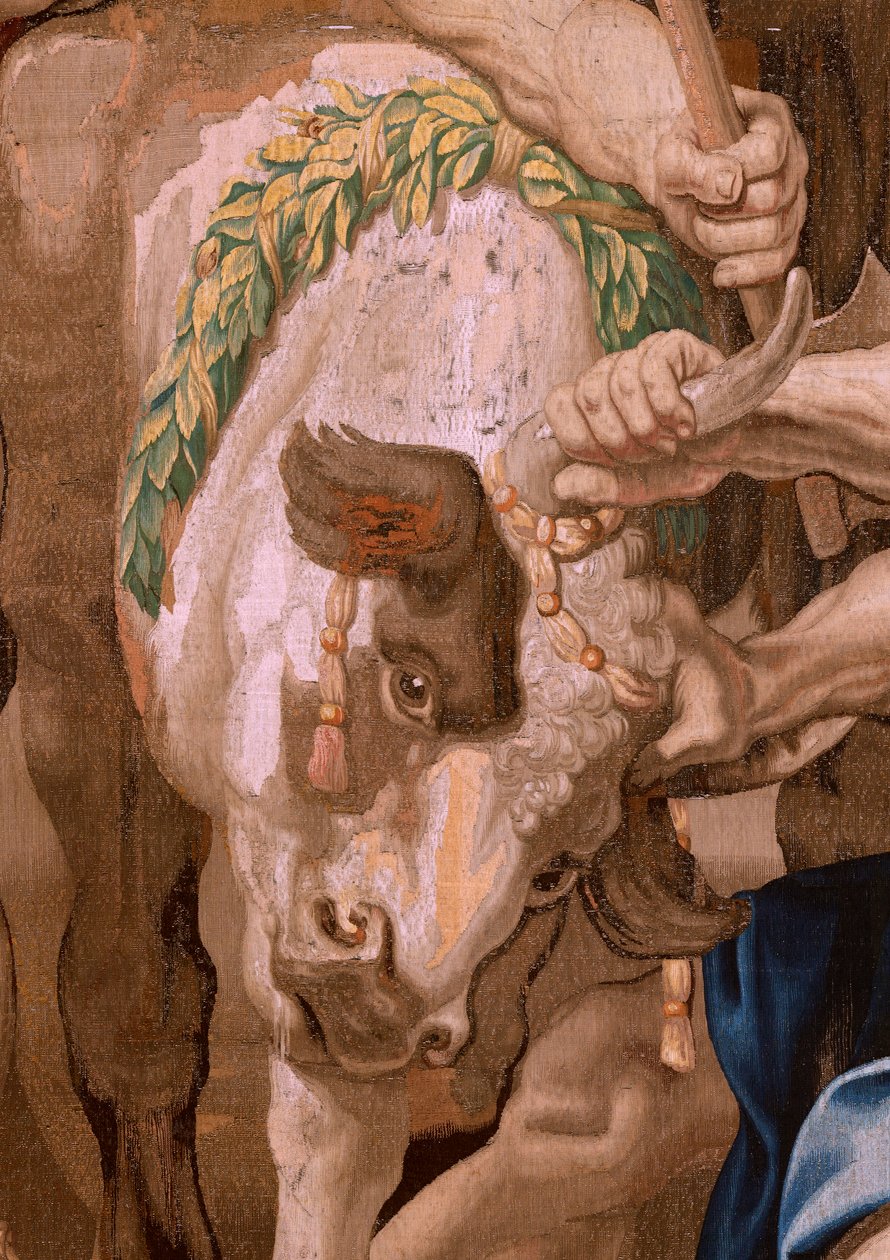 Flamandzki gobelin. Seria Triumf Eucharystii. Zwycięstwo Eucharystii nad ofiarami pogańskimi (Victoria de la Eucaristía sobre los sacificios paganos). Czwarty gobelin w serii. Model Peter Paul Rubens. 1626-1628. Manufaktura Jan II Raes, Jac autorstwa Flemish School