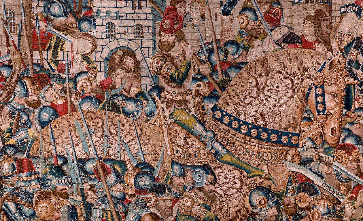 Flamandzki gobelin. Seria Wojna trojańska. Zniszczenie Troi (Destrucción de Troya). Jedenasty gobelin w serii. Mistrz modelu Coëtivy (Henry lub Conrard de Vulcop). Warsztaty produkcji Tournai. Ca 1470. Tkanina Wełna i jedwab, 6/7 osnów na cm. autorstwa Flemish School