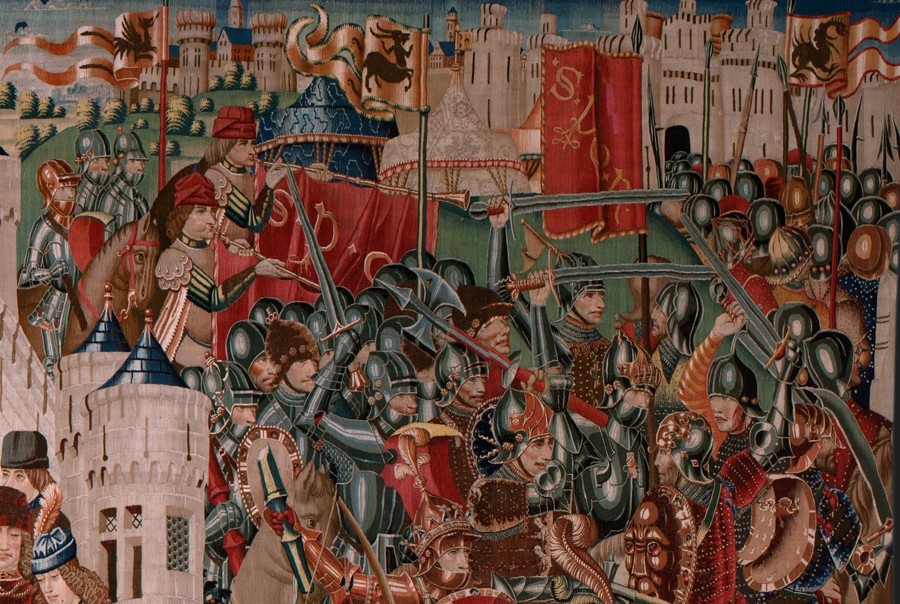 Flamandzki gobelin. Seria nieznana. Historia rzymska? Tarquinius Priscus (Tarquino Prisco). Warsztaty produkcyjne w Brukseli?. Ca 1475. Tkanina Wełna i jedwab, 6 osnów na cm. Pochodzenie Dar hrabiego Alba de Aliste, przybył do katedry w 1608 r. ; Lokalizac autorstwa Flemish School