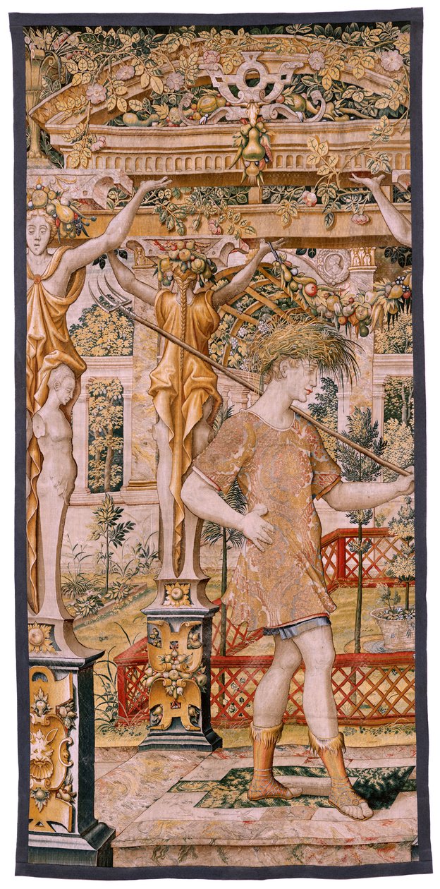 Flamandzki gobelin. Seria Vertumnus i Pomona. Nr II Vertumnus przekształcony w rolnika (Vertumno y Pomona II Vertumno transformado en agricultor) nr 1 część lewa. Modele Koło Pietera Coecke Van Aelsta i Leonarda Thiry. Atelier nieznane, Bruksela. Złoto, autorstwa Flemish School