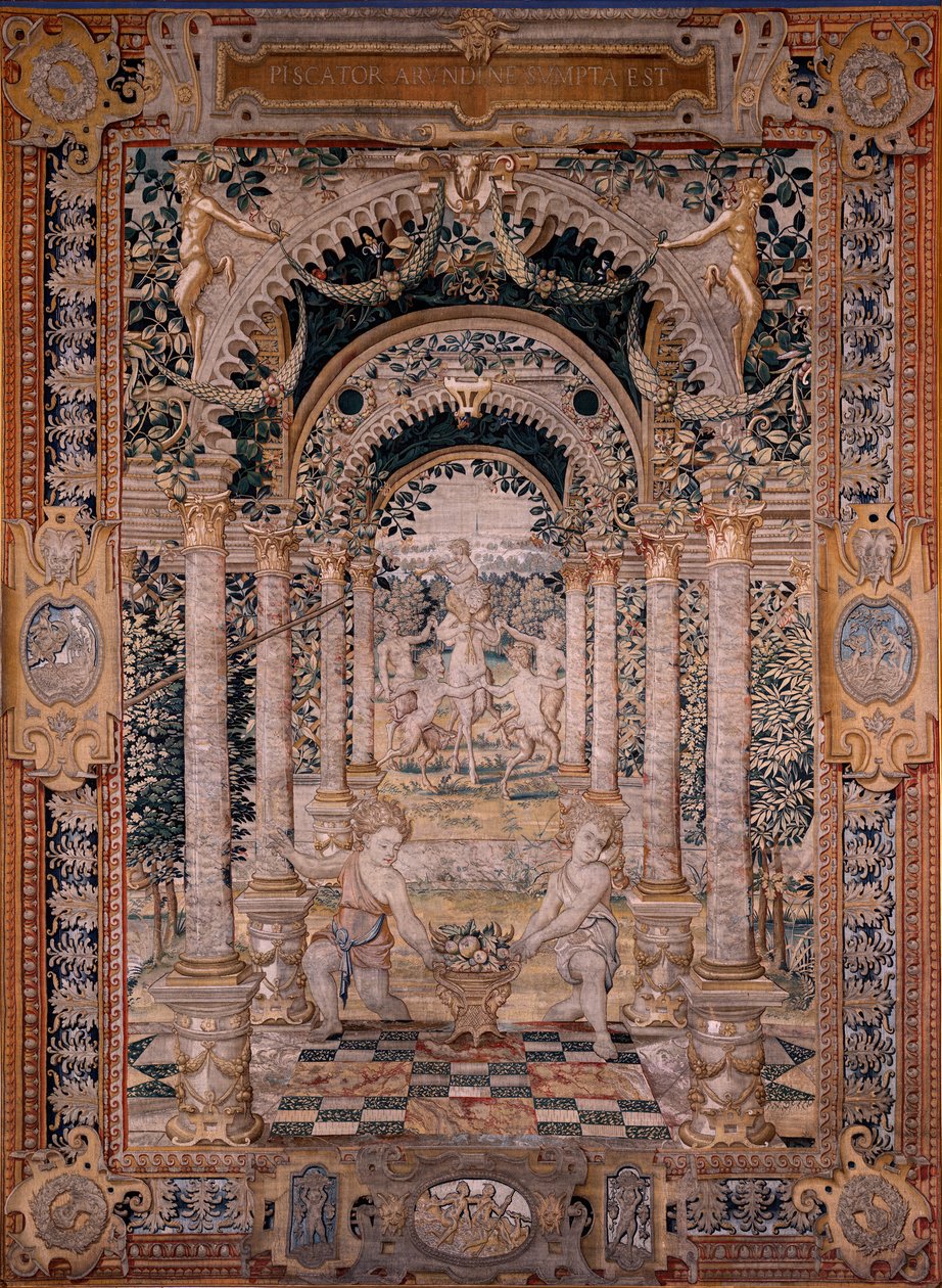 Flamandzki gobelin. Seria Vertumnus i Pomona. Siódmy gobelin z serii; Vertumnus przekształcony w rybaka (część środkowa). Modele Koło Pietera Coecke Van Aelsta i Leonarda Thiry. Manufaktura Nieznany warsztat, Bruksela. Przed 1550. Tkanina Go autorstwa Flemish School