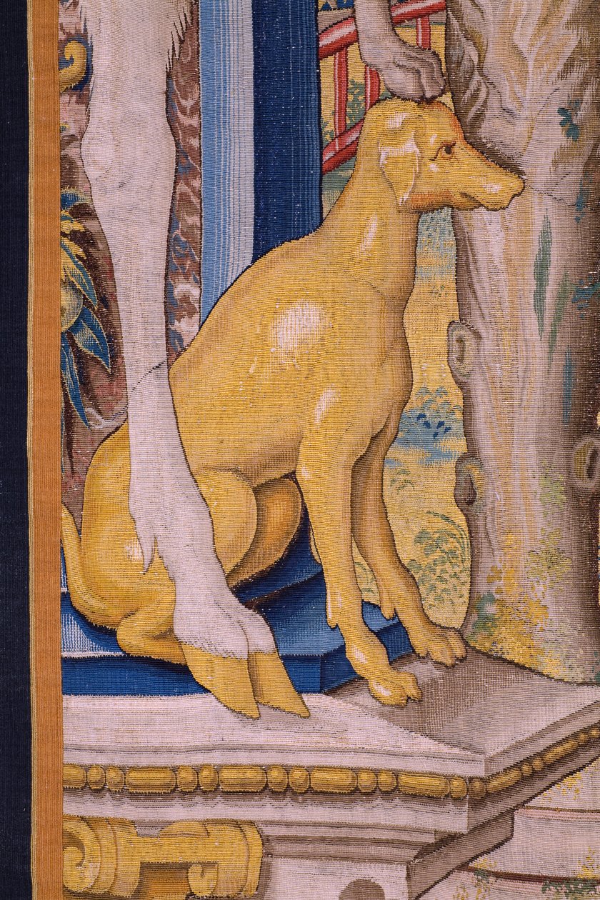 Flamandzki gobelin. Seria Vertumnus i Pomona: Vertumnus przekształcony w rolnika (Vertumnus jako rolnik, Vertumno transformado i rolnik). Studio Willema de Pannemakera. ok. 1545-1550. Szczegół. autorstwa Flemish School