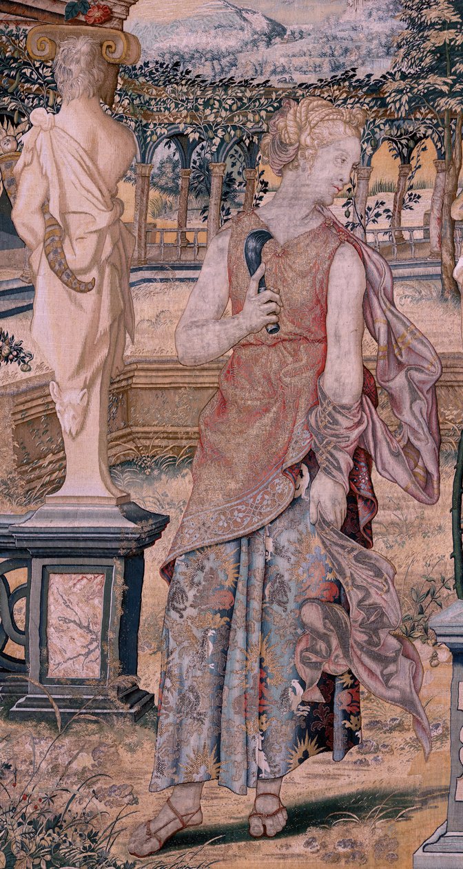 Flamandzki gobelin. Seria Vertumnus i Pomona. Vertumnus przekształcony w kombajn (Vertumno transformado en segador). Pierwszy gobelin z serii. Model Koło Pietera Coecka van Aelsta. ; Manufaktura Wilhelm Pannemaker, Bruksela. Około 1545-1550. Tkanina autorstwa Flemish School