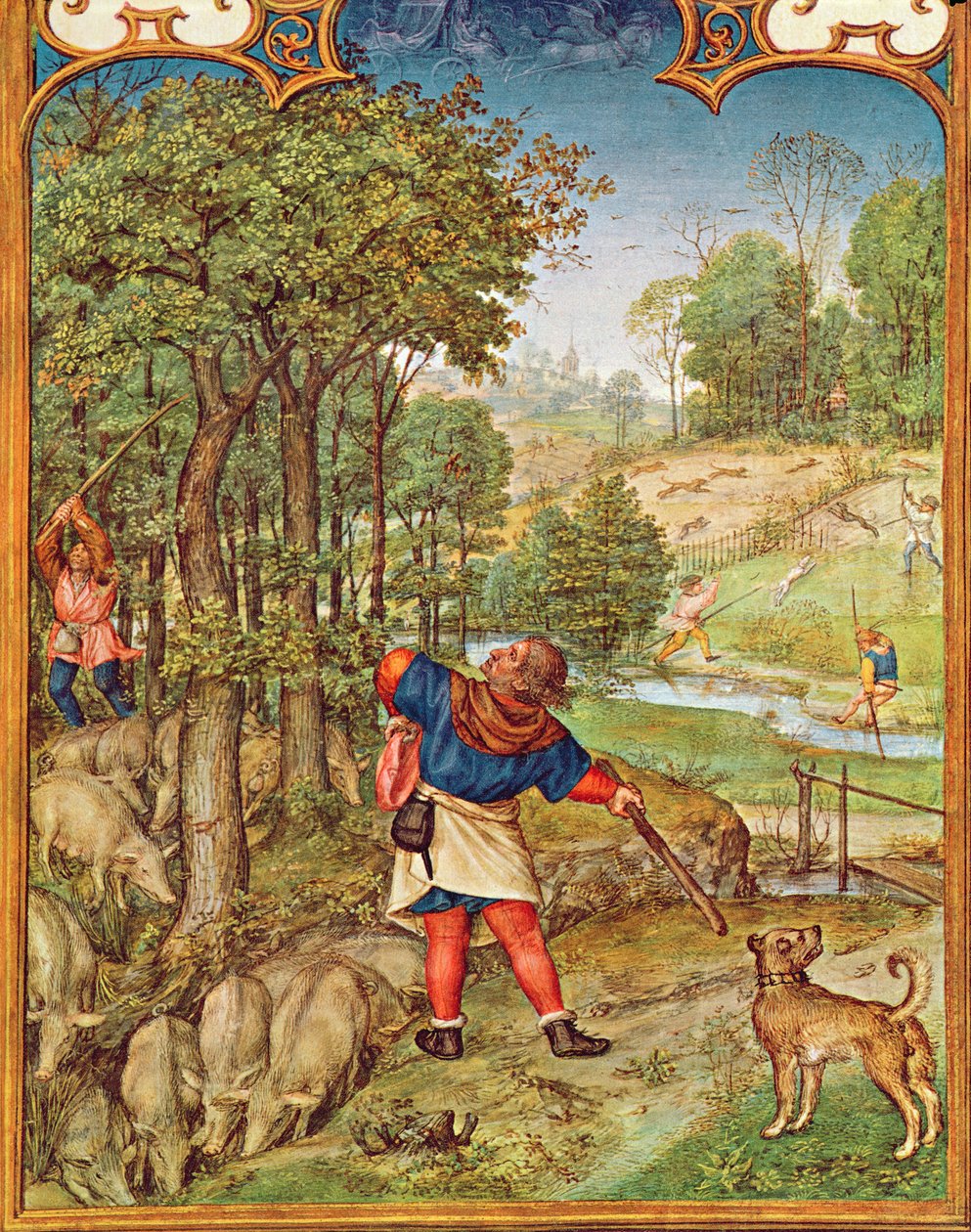 Fol.11v Miesiąc listopad: Zbieranie żołędzi dla świń i polowanie, z Breviarium Grimani, c.1515 autorstwa Flemish School