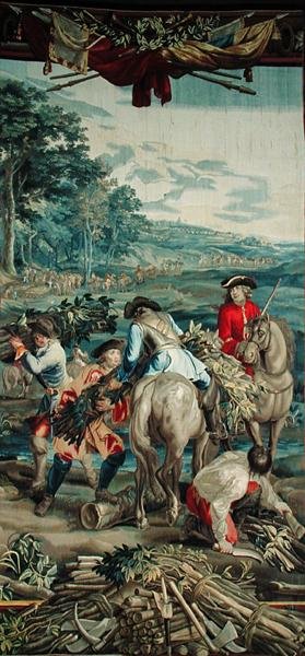 Zbieranie drewna, z cyklu "Nauka wojskowa", Warsztat Judocusa de Vos, c.1715-24 (gobelin) autorstwa Flemish School