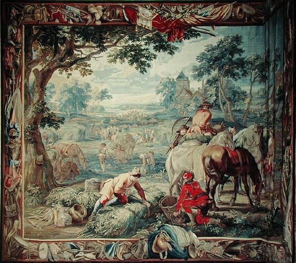 Żniwa, z serii "Nauka wojskowa", Warsztat Judocusa de Vos, c.1715-24 (gobelin) autorstwa Flemish School