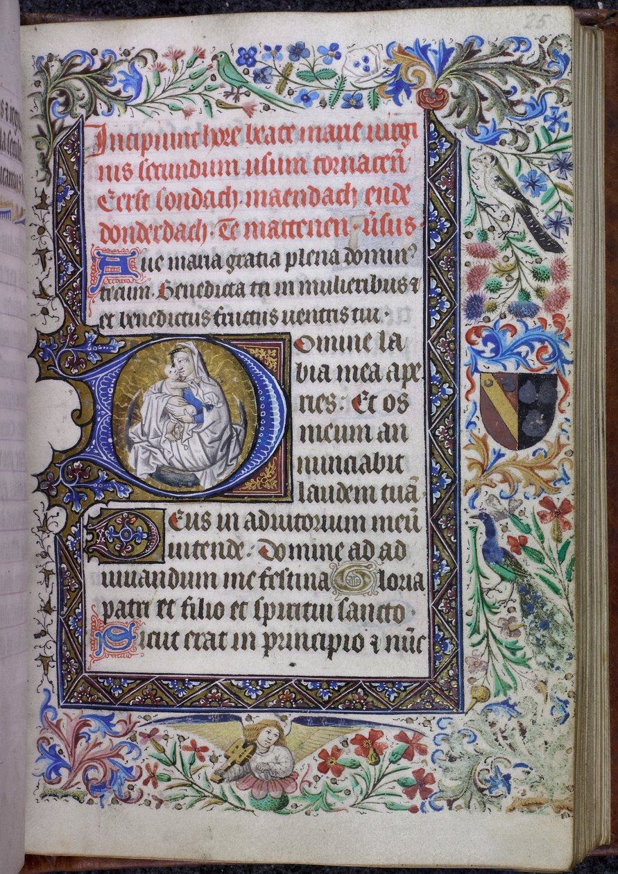Historyczny inicjał z Księgą Godzin Dziewicy i Dzieciątka, Użyciem Tournai, na półksiężycu połączonym z trójstronną ramką barową i pełną ramką z liśćmi akantu, kwiatami, ptakami, aniołem-muzykiem i herbem autorstwa Flemish School