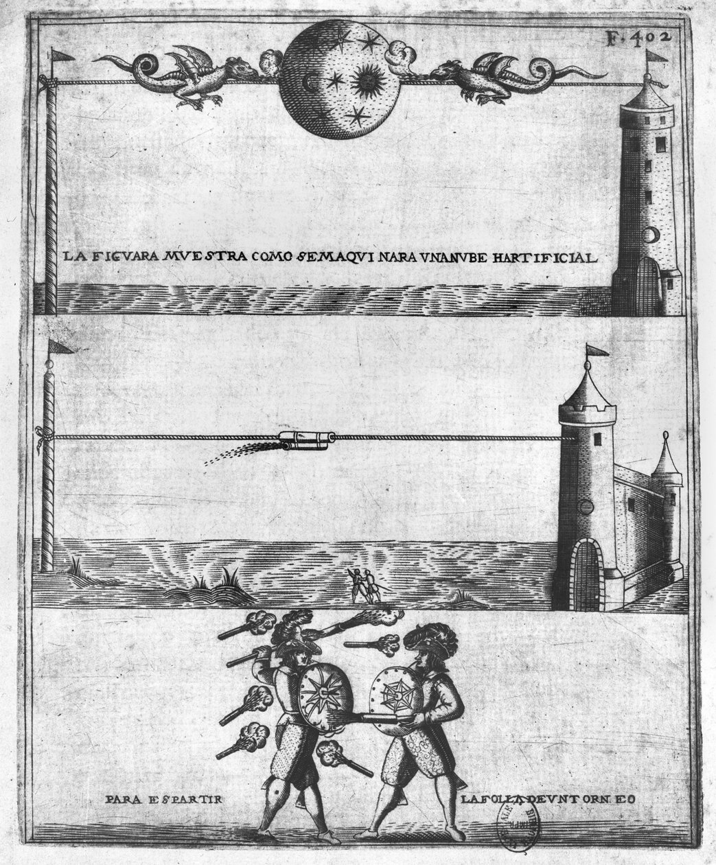 Jak zrobić sztuczną chmurę, ilustracja z Tratado de Artilleria autorstwa Diego Ufano, Bruksela, 1613 autorstwa Flemish School