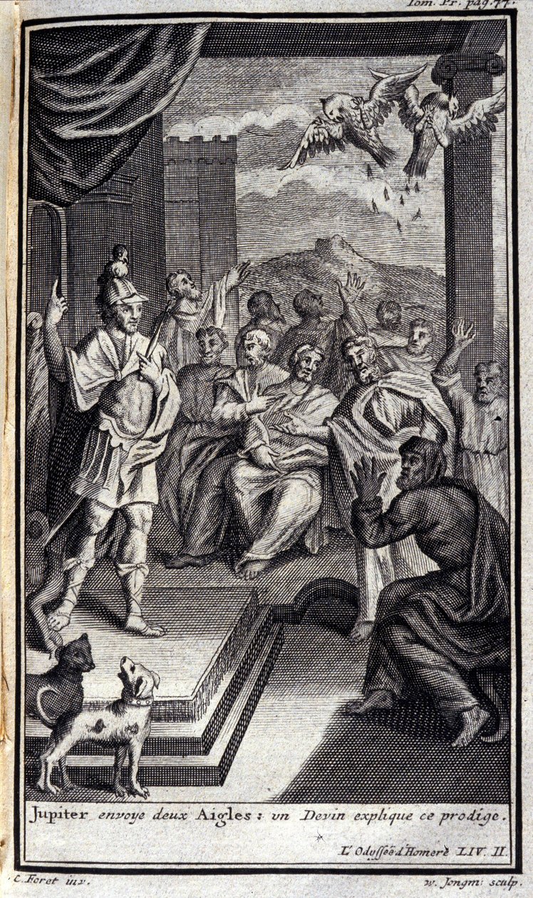 Jowisz wysyła dwa orły: smoczek wyjaśnia to cudowne dziecko. Lustracja do II księgi Odysei Homere, w Odyssee, wydanej w Amsterdamie w 1731, Collection privee Milan. autorstwa Flemish School
