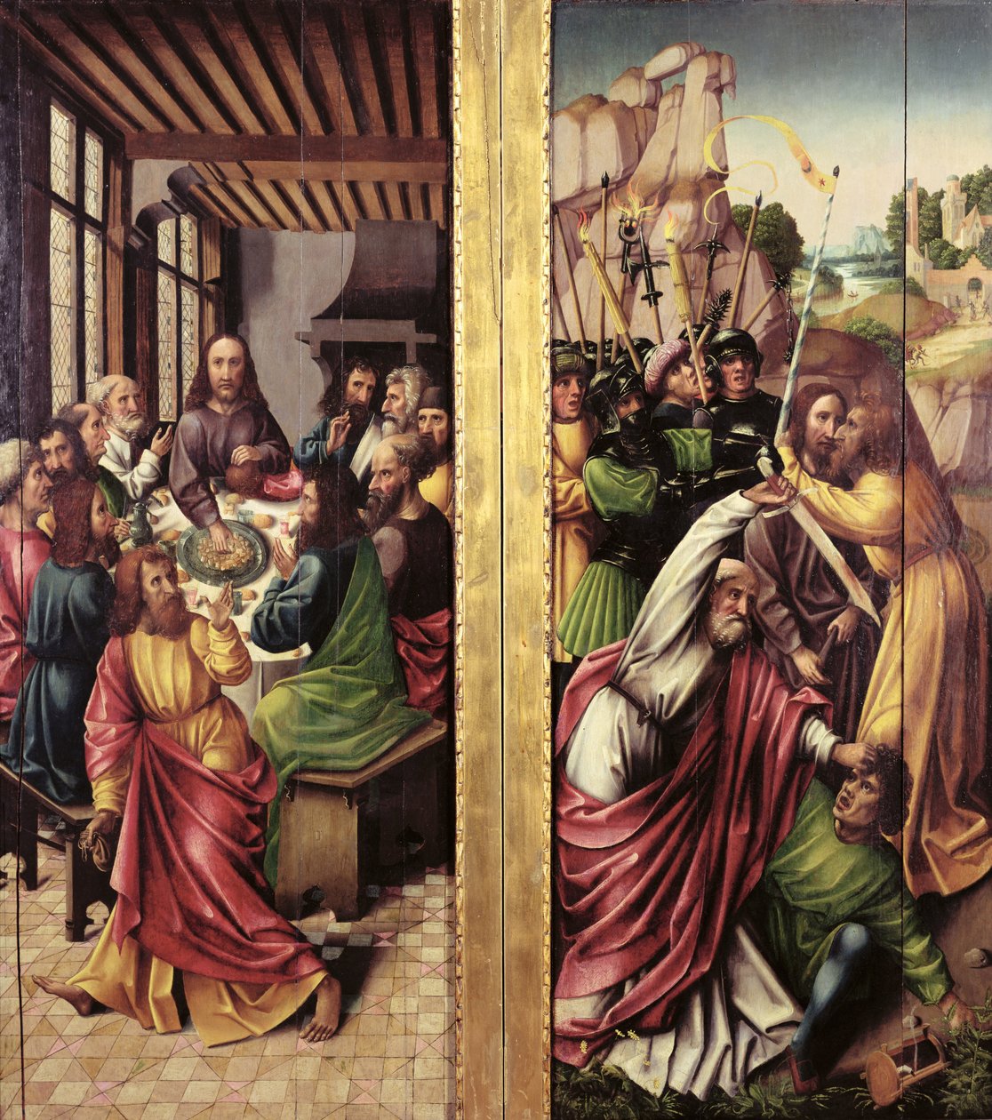 Pocałunek Judasza i Ostatnia Wieczerza, ok. 1500 autorstwa Flemish School