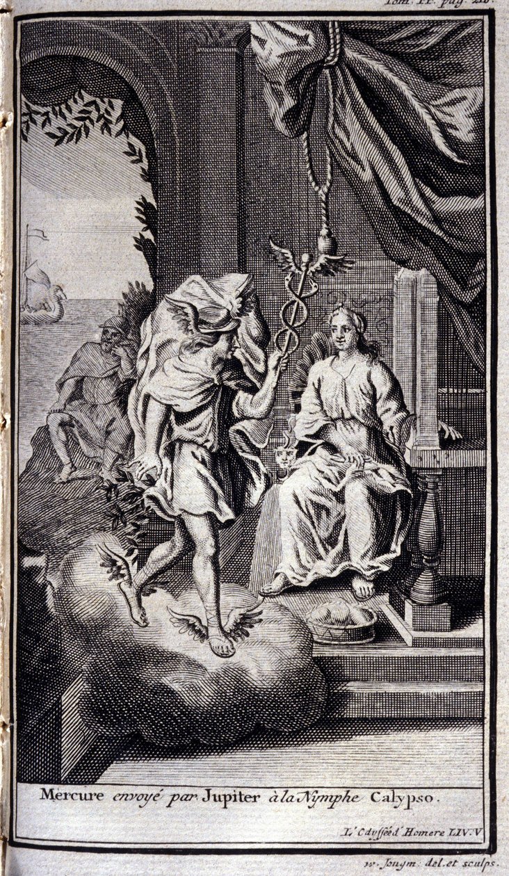 Merkury wysłany przez Jowisza do nimfy Kalipso. Ilustracja do księgi V Odysei Homera w Odysei, wydanej w Amsterdamie w 1731 r., Collection privee Milan. autorstwa Flemish School