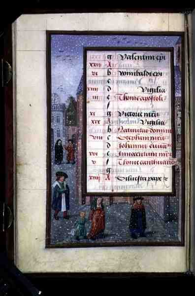 Ms 1058-1975 f12v Snow in a Street, podświetlana strona kalendarza na grudzień, z Book of Hours, c.1500 (welum) autorstwa Flemish School