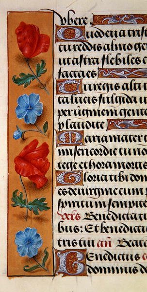Ms. 1058-1975, f.16r: fragment bordiury kwiatowej z Godzinki, ok. 1500 (welum) autorstwa Flemish School