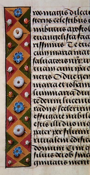 Ms. 1058-1975, f.16r: fragment bordiury kwiatowej z Godzinki, ok. 1500 (welum) autorstwa Flemish School