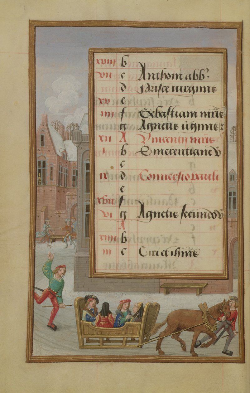 Ms 1058-1975 f1v Scena uliczna w śniegu, oświetlona strona kalendarza na styczeń, z Księgi godzin, ok. 1500 autorstwa Flemish School