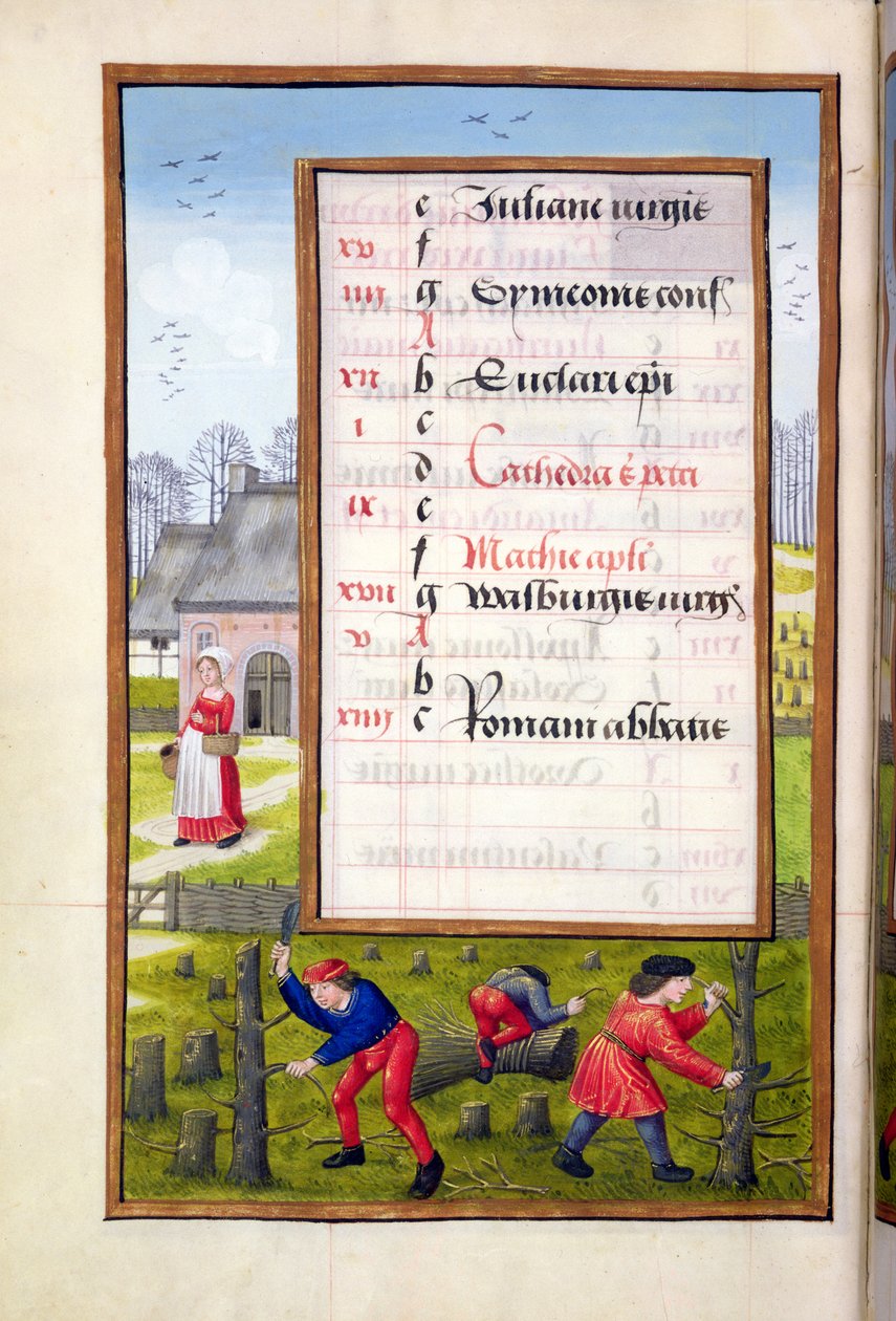 Ms 1058-1975 f2v Wycinanie drzew i wiązanie pedałów, z Księgi godzin, ok. 1500 autorstwa Flemish School