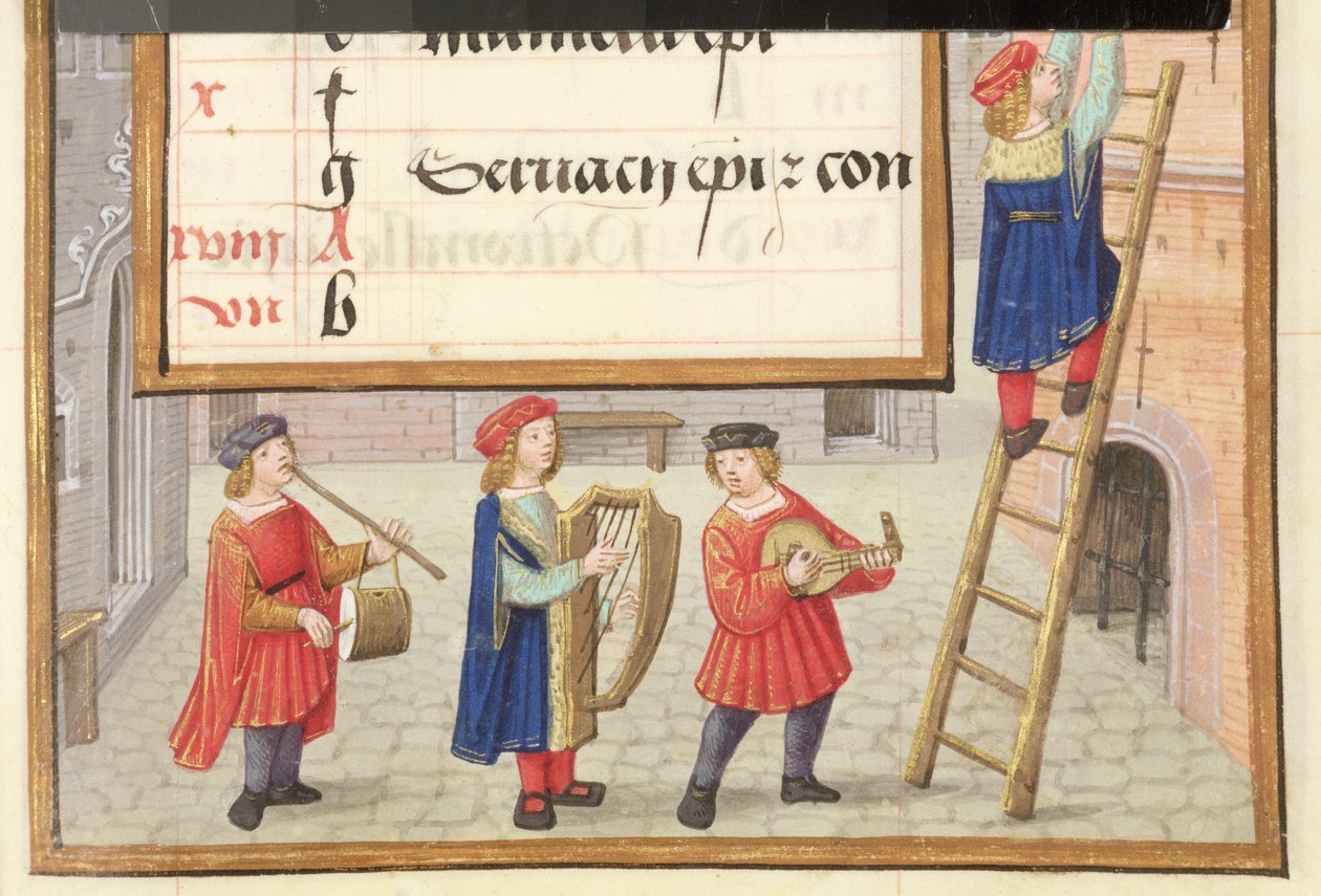 Ms 1058-1975 f.5r Muzycy na brukowanej uliczce, fragment z podświetlanej strony kalendarza na maj, z „Flamandzkiego Księgi Godzin”, ok. 1500 (detal 133909) autorstwa Flemish School