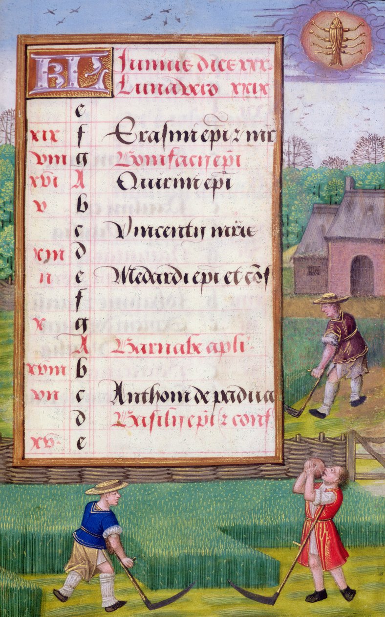 Ms 1058-1975 f6r Koszenie trawy, podświetlana strona kalendarza na czerwiec, z Księgi Godzin, ok. 1500 (welin) autorstwa Flemish School