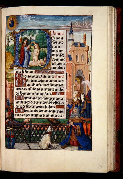 Ms 1058-1975, f.74r: Król Dawid modlący się do Dziewicy z Dzieciątkiem i historyczny inicjał D przedstawiający stworzenie Ewy, z Godzinki, Brugia, ok. 1510 (złoty tusz i tempera na pergaminie) autorstwa Flemish School
