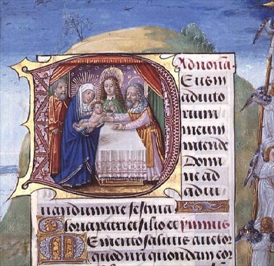 Ms 1058-1975 f.85r Historyczny inicjał „D” przedstawiający Ofiarowanie w świątyni, z Księgi Godzin, prawdopodobnie Brugia, c.1500-05 (welum) autorstwa Flemish School