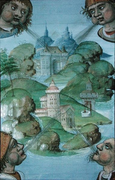 Pani Hunter 9 f.47v Cztery wiatry wiejące na rogach na morskim krajobrazie, z „De Medina Fen I. II, autorstwa Avicenna (980-1037)” (welum) autorstwa Flemish School