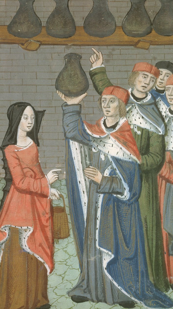 Pani Hunter 9 f.84r Kobieta z koszem niosąca urinalis magnus, z De Medina Fen I.II, autorstwa Avicenna (980-1037) autorstwa Flemish School