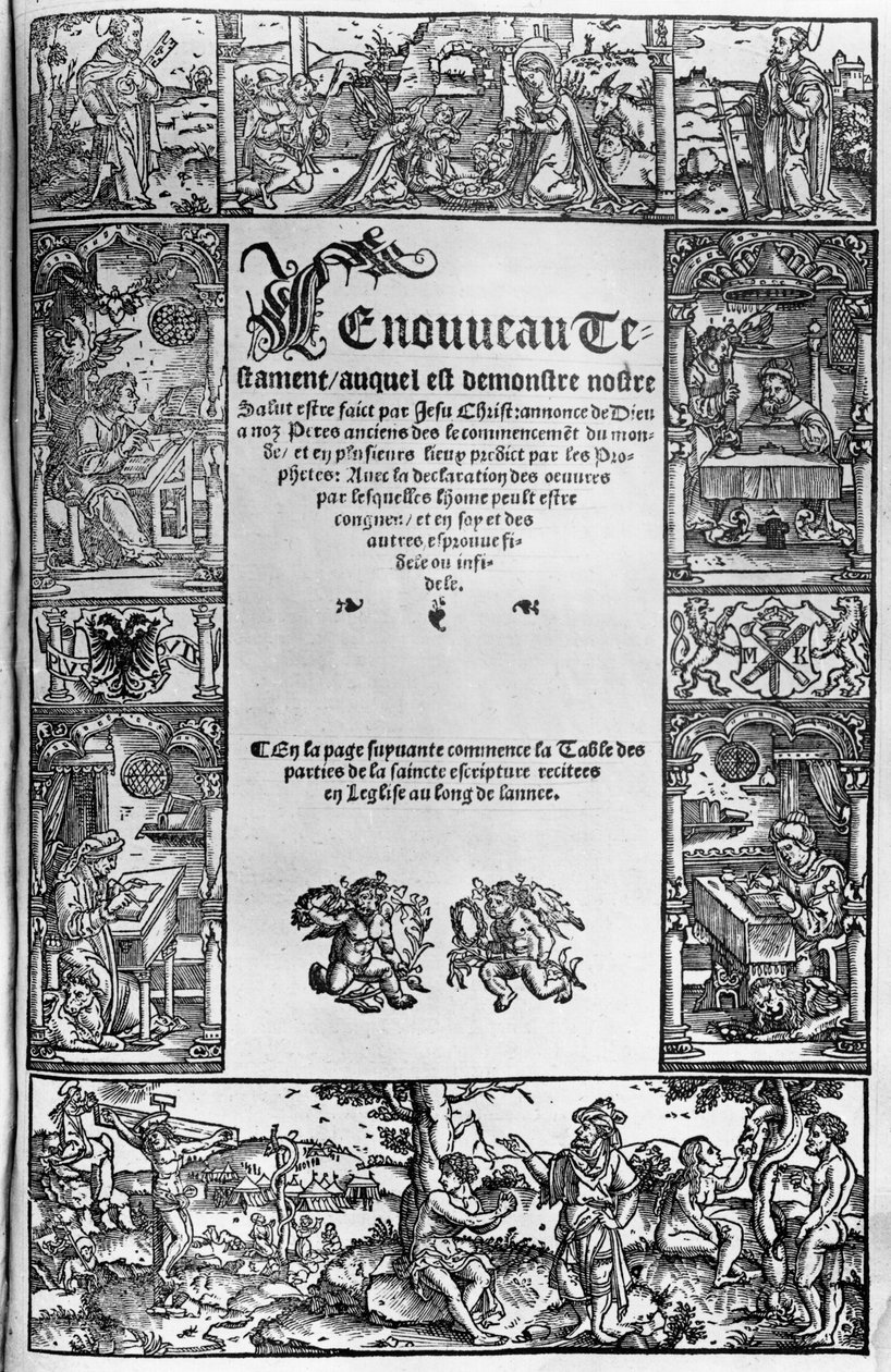 Nowy Testament Strona tytułowa francuskiego przekładu Jacquesa Lefevre dEtaples (1450?-1537) opublikowanego w Antwerpii w 1531 r. autorstwa Flemish School