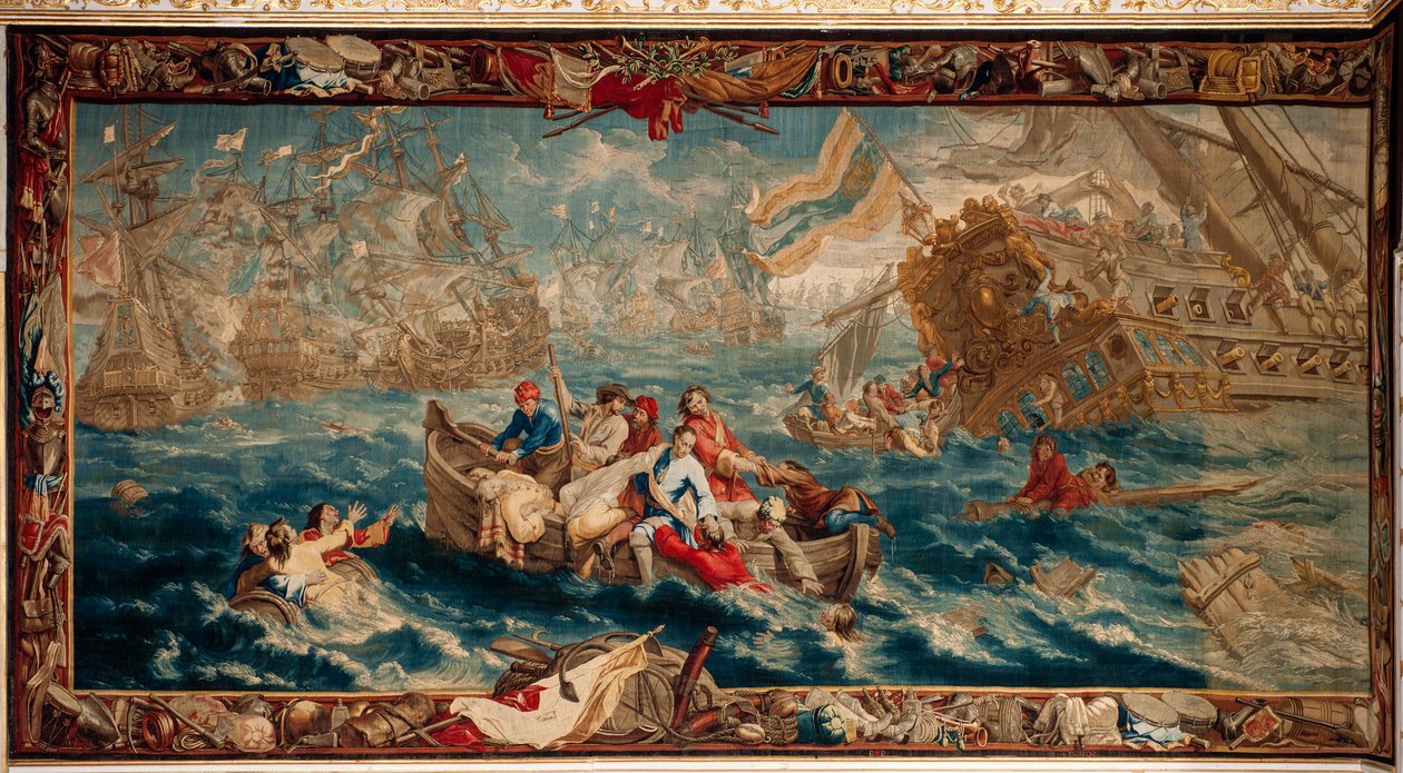 Pałac (Schlossanlage Schleissheim). Flamandzki gobelin. Brukselskie studio Judocus De Vos. Projekt Lamberta De Hondta. Bitwa morska pod La Hogue (Bitwa morska pod La Hogue). 400x792cm. Wełna i jedwab. ok. 1715-1724. autorstwa Flemish School