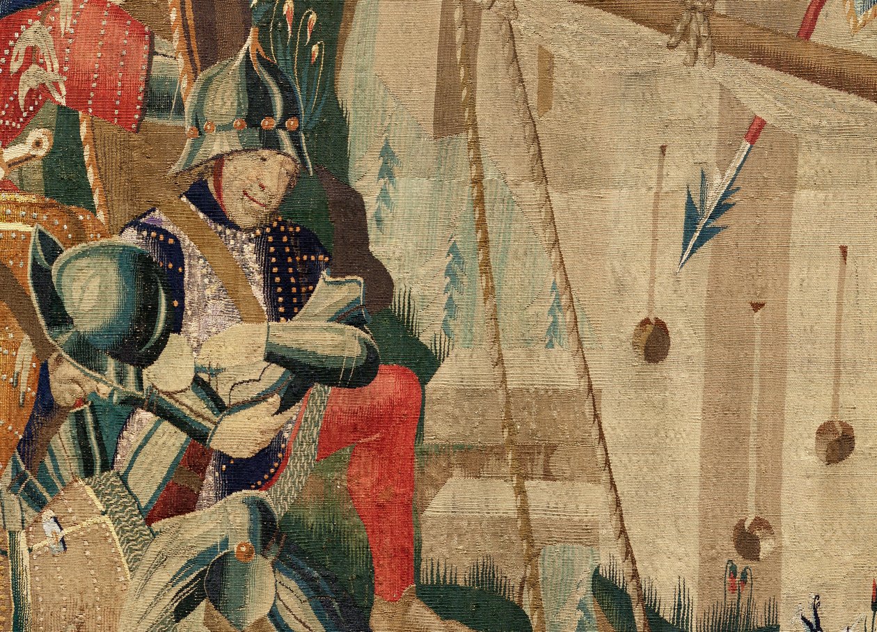 Muzeum Parafialne Gobelinów (Pastrana Parafialne Muzeum Gobelinów). Flamandzki gobelin. Lądowanie w Arzila (Lądowanie w Arzila, Desembarco i Arzila). Seria Podboje króla Portugalii Alfonsa I (Podboje króla Portugalii Alfonsa V). Turniej. Wełna autorstwa Flemish School
