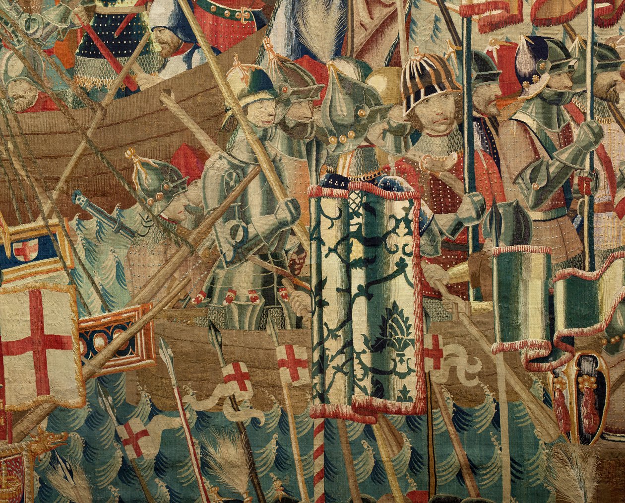 Muzeum Parafialne Gobelinów (Pastrana Parafialne Muzeum Gobelinów). Flamandzki gobelin. Lądowanie w Arzila (Lądowanie w Arzila, Desembarco i Arzila). Seria Podboje króla Portugalii Alfonsa I (Podboje króla Portugalii Alfonsa V). Turniej. Wełna autorstwa Flemish School